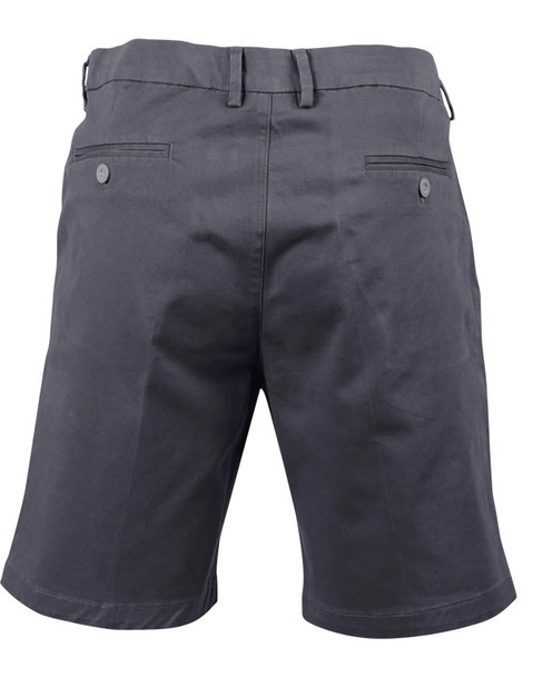 Men's stretch cotton chino shorts in dark grey, featuring a two-pocket design on the back and a logo.