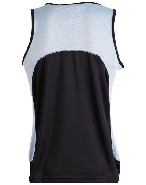 A men's sprint singlet featuring a black body and light blue mesh panels, with a logo on the back.