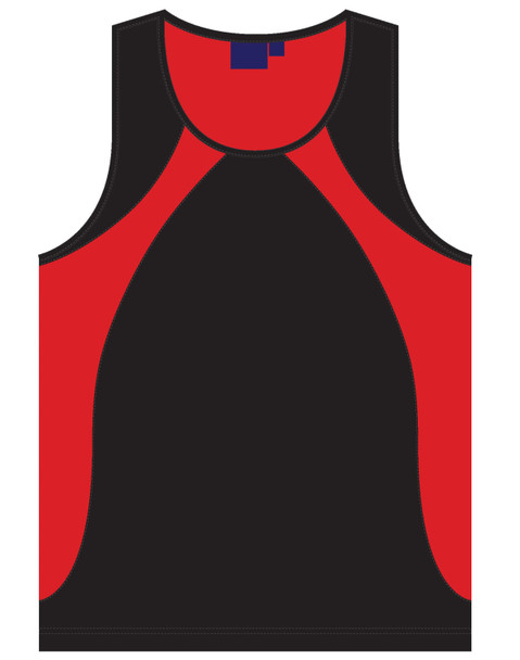 A black and red men's sprint singlet with a contrasting design and a logo on the front.