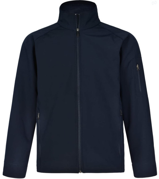 A navy blue men's softshell high-tech jacket featuring a zip front and multiple pockets, including a zippered arm pocket.