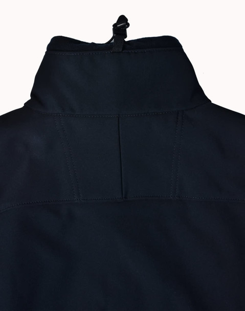 A black men's softshell high-tech jacket featuring a high collar and back detailing, with a logo present.