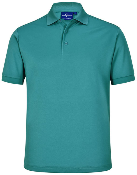 A teal men's sustainable poly/cotton short-sleeve polo shirt with a collar and buttons, featuring a brand logo.
