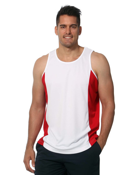 Men's singlet featuring white fabric with red contrast panels and a logo. Designed with a blend of style and comfort.