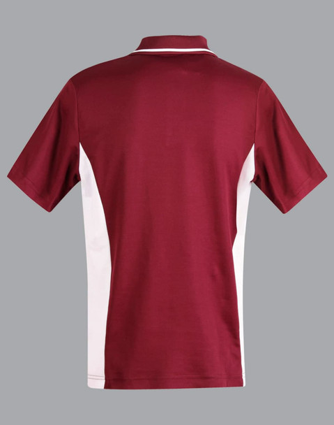 Men's TrueDry Contrast polo shirt in maroon with white side panels and a collar, featuring a logo.