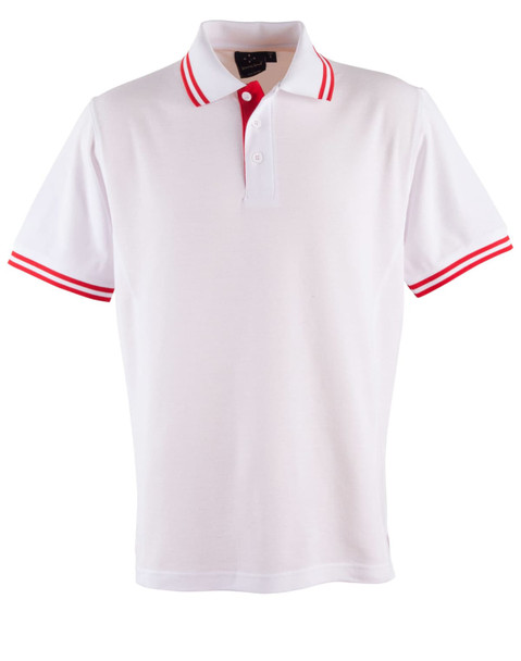 A white polo shirt with red striped sleeves and a three-button placket. It features a logo on the chest.