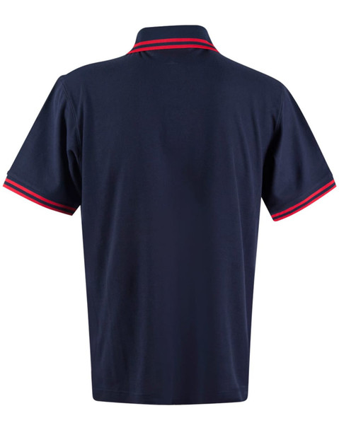 A navy polo shirt featuring red detailing on the collar and sleeves, with a logo present.