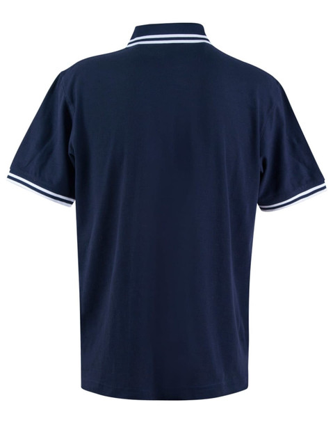 A navy blue men's polo shirt with white detailing on the collar and sleeves, featuring a logo.