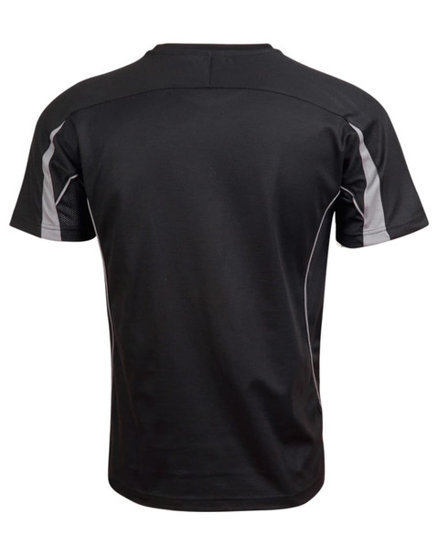 A black short-sleeve T-shirt with grey detailing and a logo on the back. Suitable for casual wear.