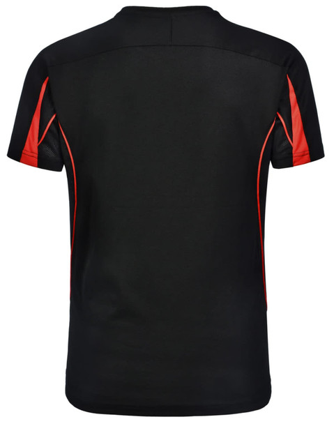 A black short-sleeve t-shirt with red accents and a logo on the back.