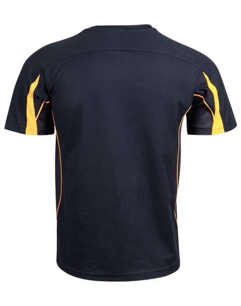 A black and yellow men's T-shirt with short sleeves, featuring a logo on the back.