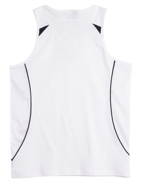 A white men's singlet with black accents and a logo. It features a sporty design and breathable fabric.