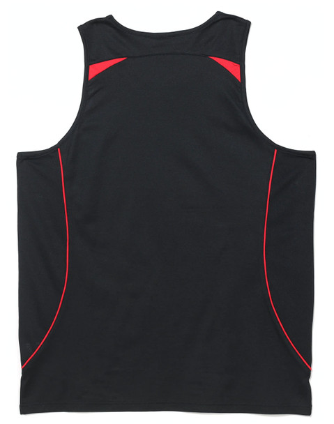 A black men's singlet with red detailing and a logo on the back.