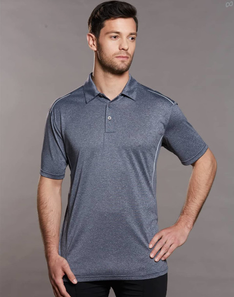 A grey men's short sleeve polo shirt with a subtle texture and a logo on the chest.