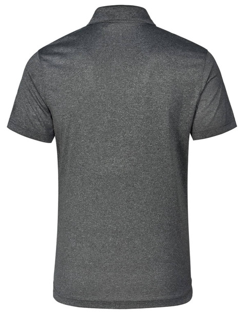 A dark grey men's short sleeve polo shirt with a collar and branding on the back.