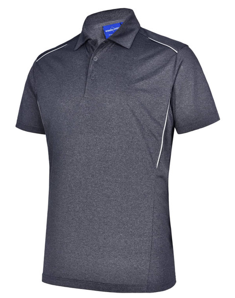 A dark grey short sleeve polo shirt with a subtle contrast piping and a logo on the chest.