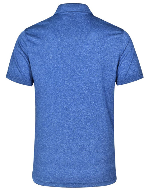 A blue short sleeve polo shirt with a textured finish and a logo on the back.