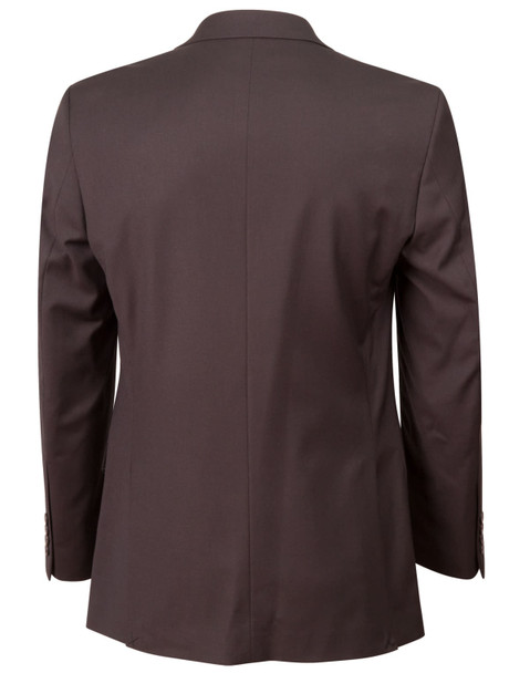 A men's two-button jacket in wool stretch, displayed from the back in a rich brown colour. Features a smooth finish.