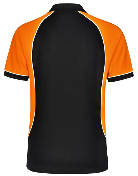 A men's tri-colour polo shirt featuring black and orange panels with contrasting piping and a logo.