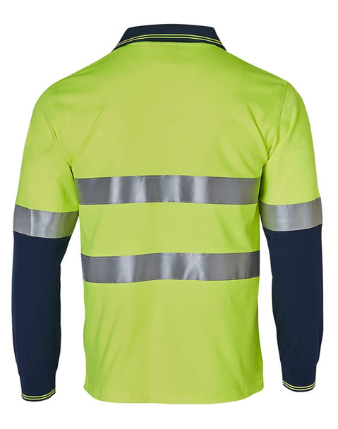 A long-sleeve work polo shirt in high visibility yellow with navy sleeves and reflective tape stripes.
