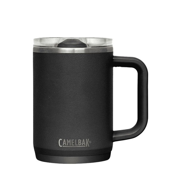 A drink bottle in matte black with a handle and a transparent lid, featuring a logo.