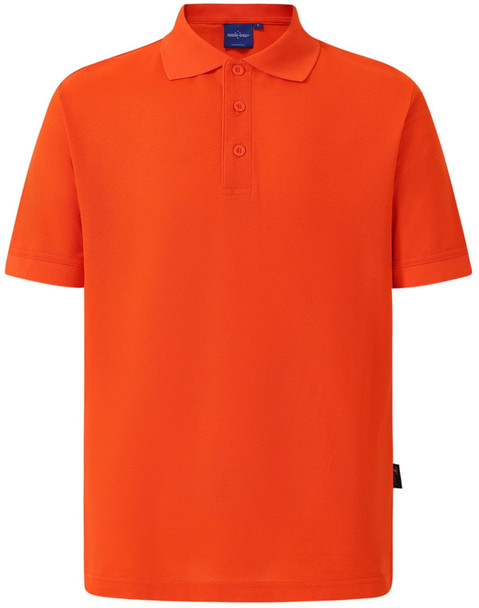 An orange polo shirt featuring a collar and short sleeves, with a logo on the front.