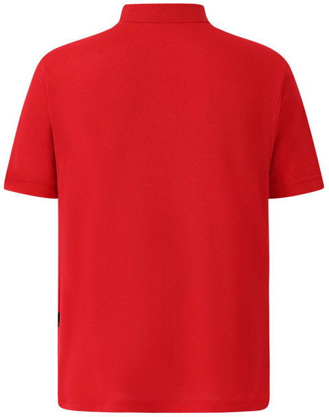 A bright red men's polo shirt with a classic collar and short sleeves, featuring a logo.
