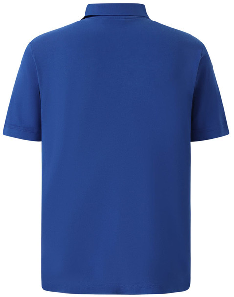 A blue men's polo shirt featuring short sleeves and a collar, with a brand logo on the back.