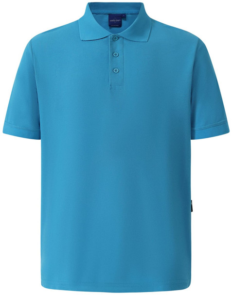 A bright blue polo shirt featuring a collar, short sleeves, and a logo on the front.