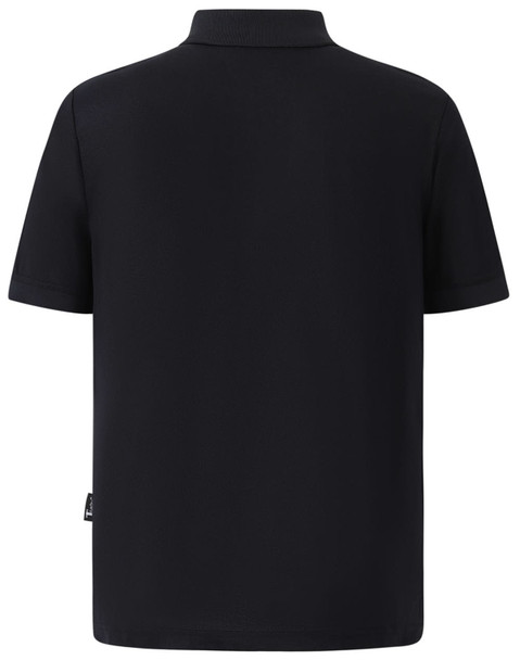 A black men's polo shirt featuring a classic collar and short sleeves. The shirt has a logo on it.