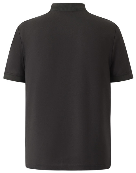 A grey polo shirt with a classic collar and short sleeves, featuring a logo on the side.