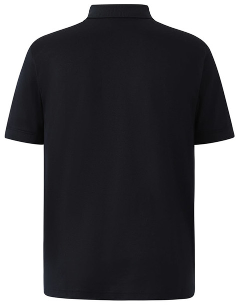 A navy blue men's polo shirt with short sleeves and a collar, featuring a logo on the back.