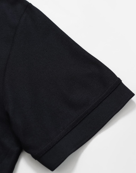 A black polo shirt with a solid design, featuring short sleeves and a classic collar. Includes a logo.