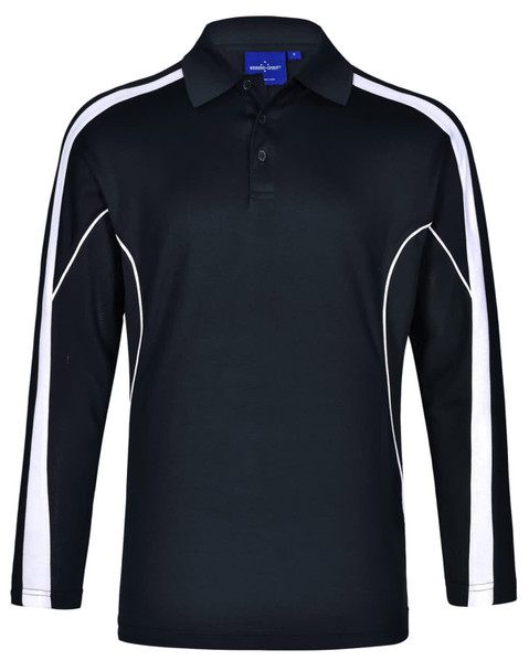 A black long sleeve polo shirt with white side stripes and a collar, featuring a logo.