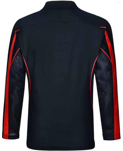 A black long sleeve polo shirt featuring red panels and mesh detailing, with a logo on it.