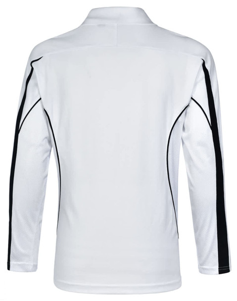 A white long sleeve polo shirt with black accents and a logo on the front.