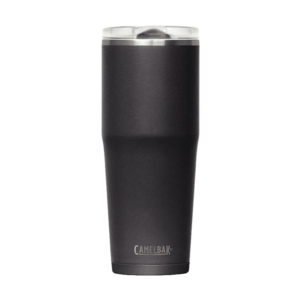 A drink bottle in matte black with a clear lid and a logo at the base.