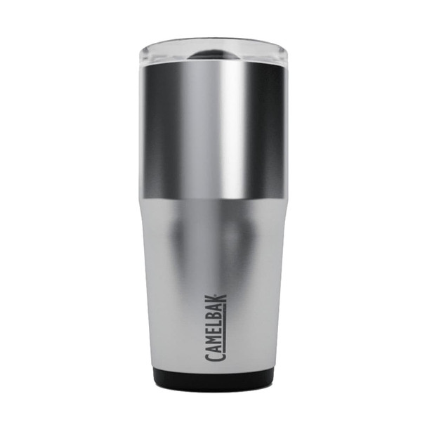 A drink bottle in silver and black, featuring a clear lid and a logo on the side.