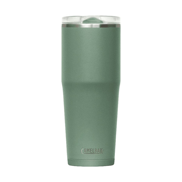 A drink bottle in a muted green colour with a stainless steel finish and a transparent lid, featuring a logo.