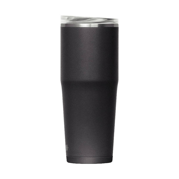 A drink bottle in matte black with a clear lid, featuring a sleek, tapered design and a branding logo.