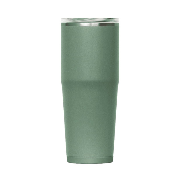 A drink bottle in a muted green colour with a stainless steel lid and a sleek, tapered design. It features a logo.