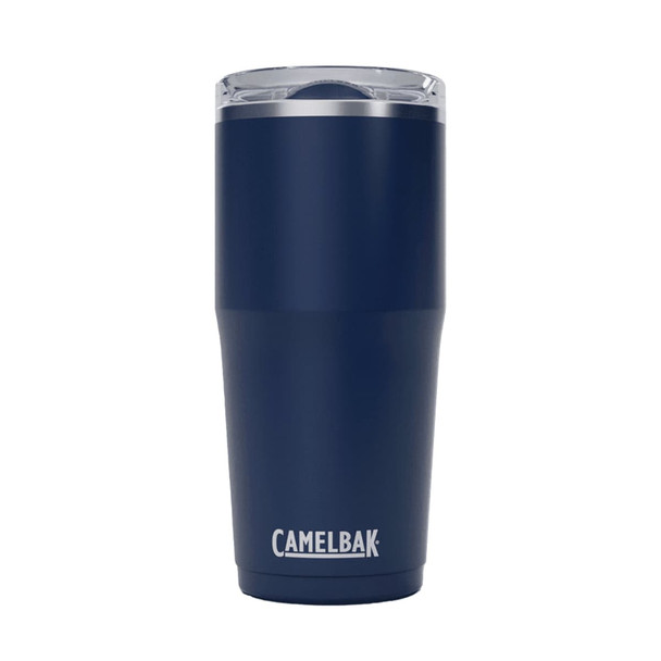 A drink bottle in navy blue with a clear lid, featuring a logo. Suitable for travel and on-the-go use.