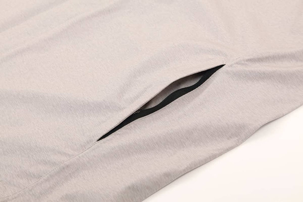 A light grey men's waterproof performance jacket featuring a side pocket, designed for rain protection.