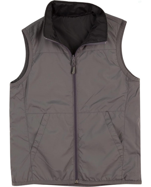 A grey men's vest featuring a zippered front and two side pockets. It has a collar and a lightweight design.