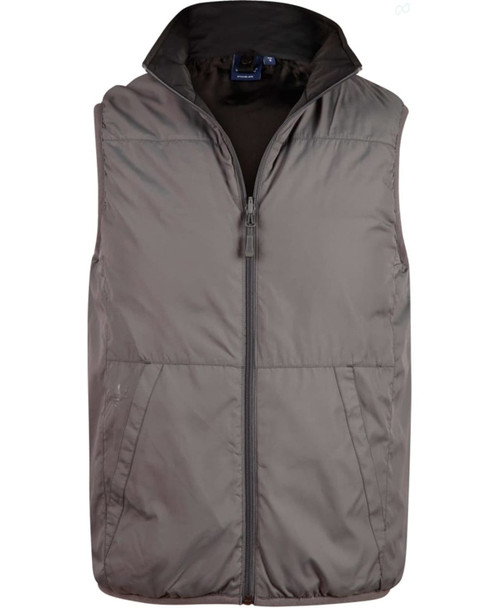 A grey men's versatile vest with a zip front and a collar, featuring a branding logo.
