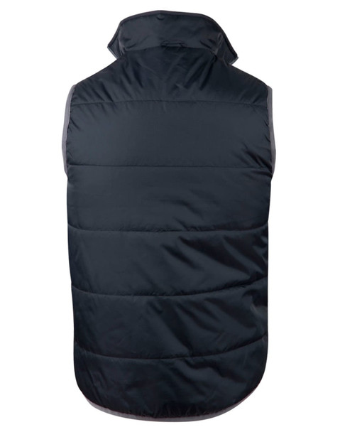 A men's versatile vest in dark grey, featuring a quilted design and a high collar, with a logo on the back.