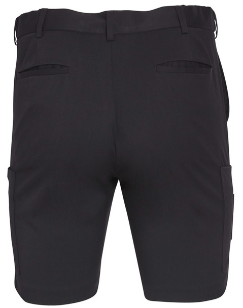 Men's black utility cargo shorts featuring pockets on the sides and back, designed for practicality.