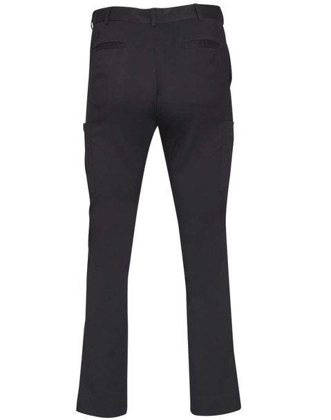 Men's black utility cargo pants featuring multiple pockets and a logo. The back view highlights the streamlined design.
