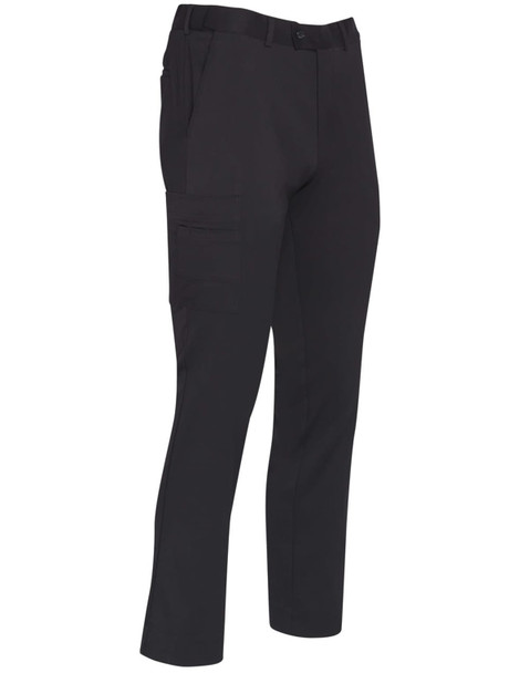 Men's utility cargo pants in black, featuring multiple pockets and a fitted design. Includes a logo on the waistband.