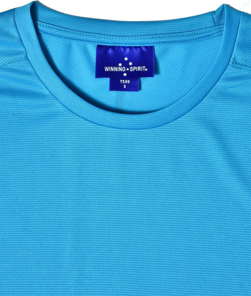 A light blue men's short-sleeve performance T-shirt featuring a textured fabric and a brand label.
