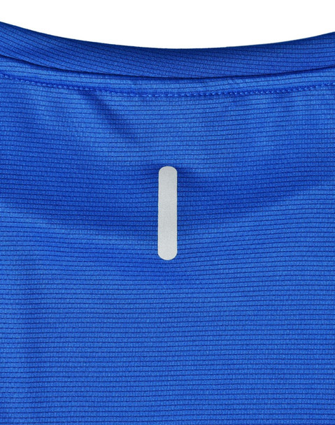 A blue men's short-sleeve performance T-shirt with a subtle logo detail on the back.